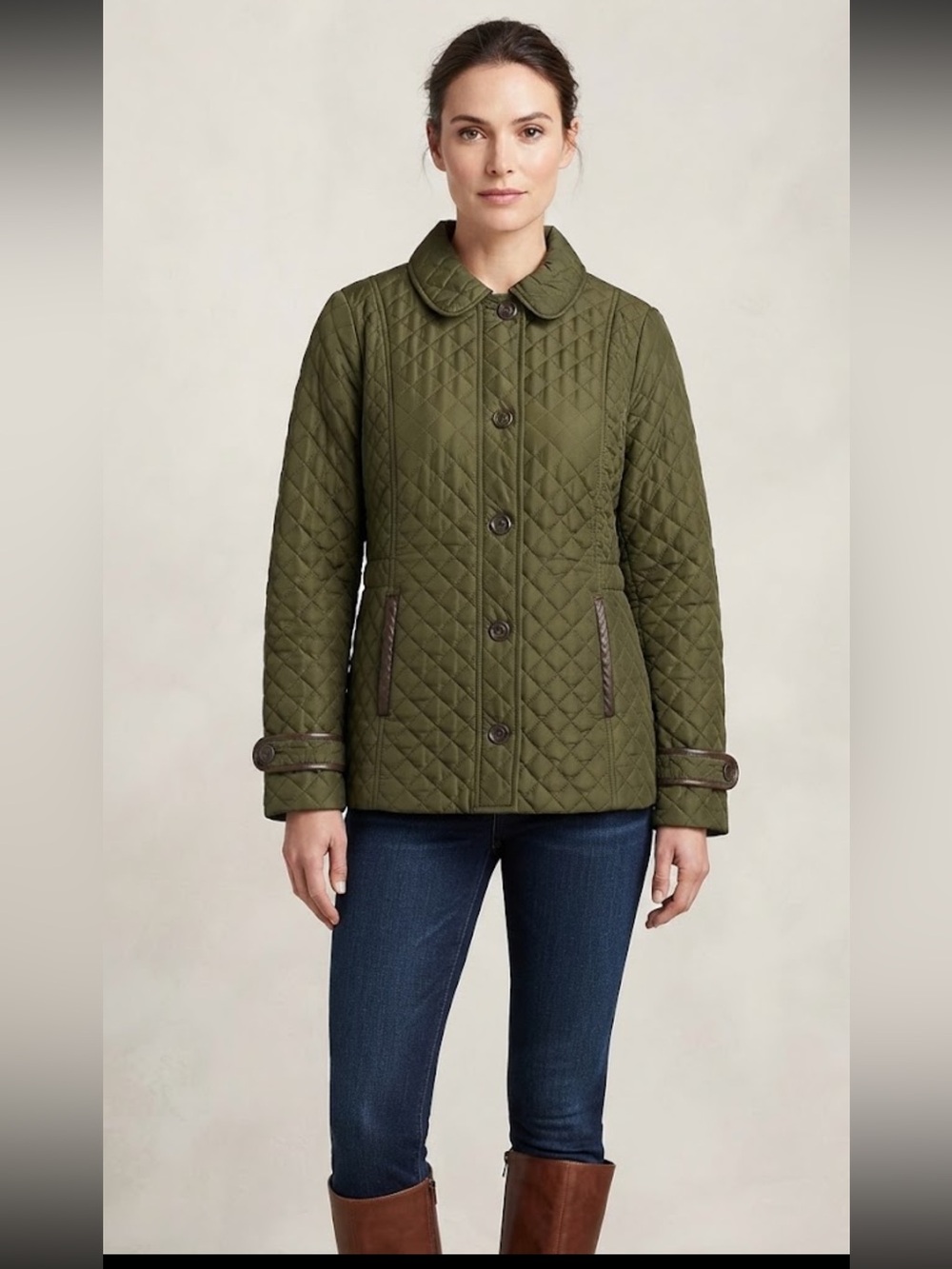 Lands’ End Olive Green Quilted Jacket Medium Diamond Barn Coat Heritage